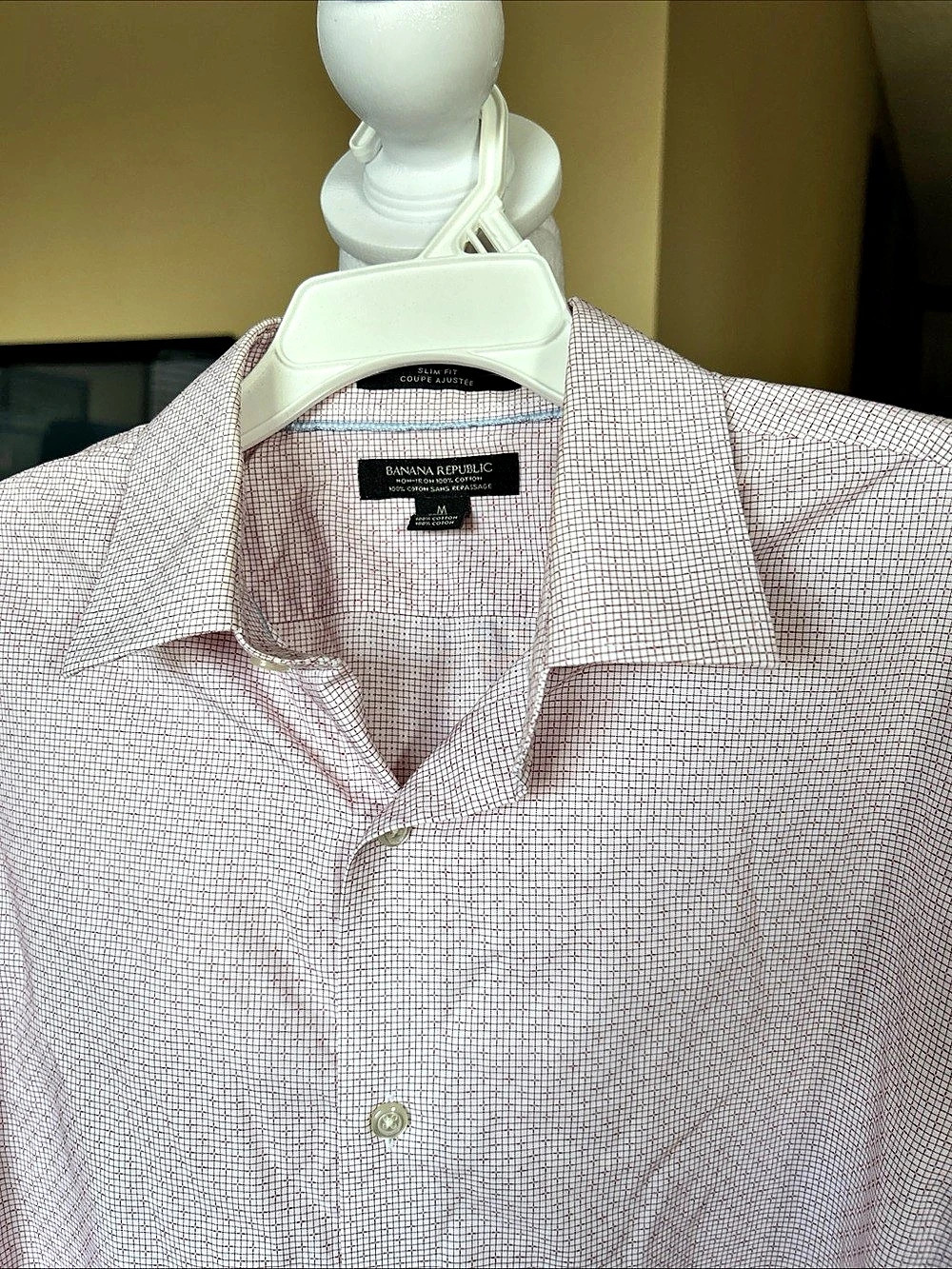 Banana Republic Non-Iron Slim Fit Grid Dress Shirt Pink & White Medium